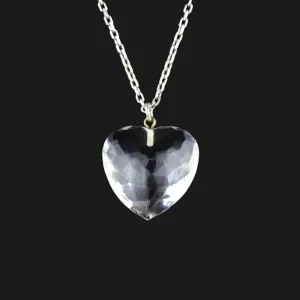Vintage Silver Faceted Rock Crystal Heart Pendant Necklace