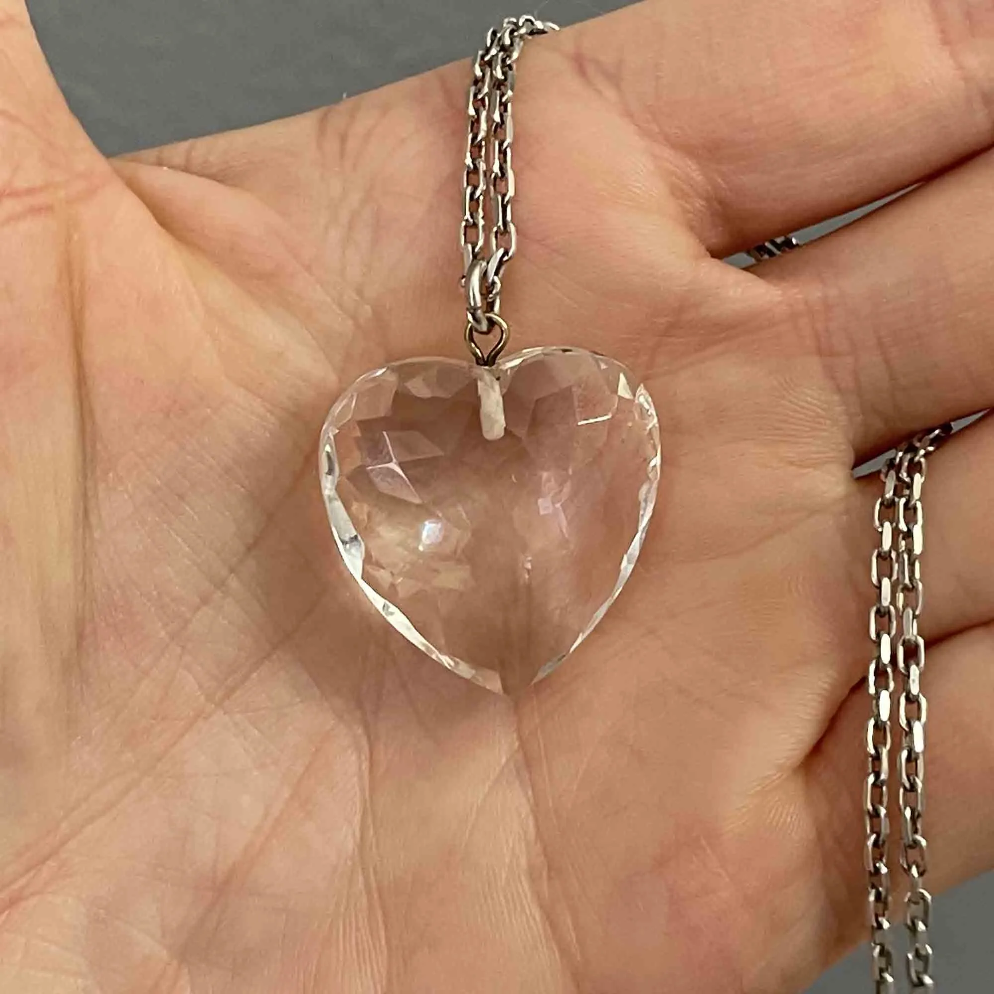 Vintage Silver Faceted Rock Crystal Heart Pendant Necklace