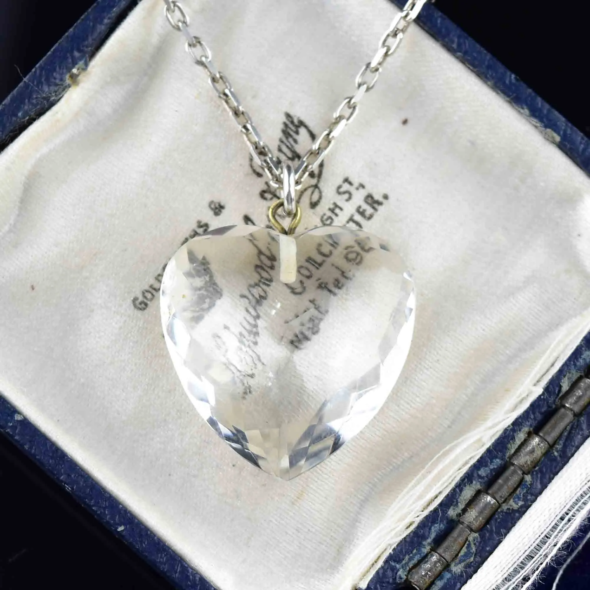 Vintage Silver Faceted Rock Crystal Heart Pendant Necklace