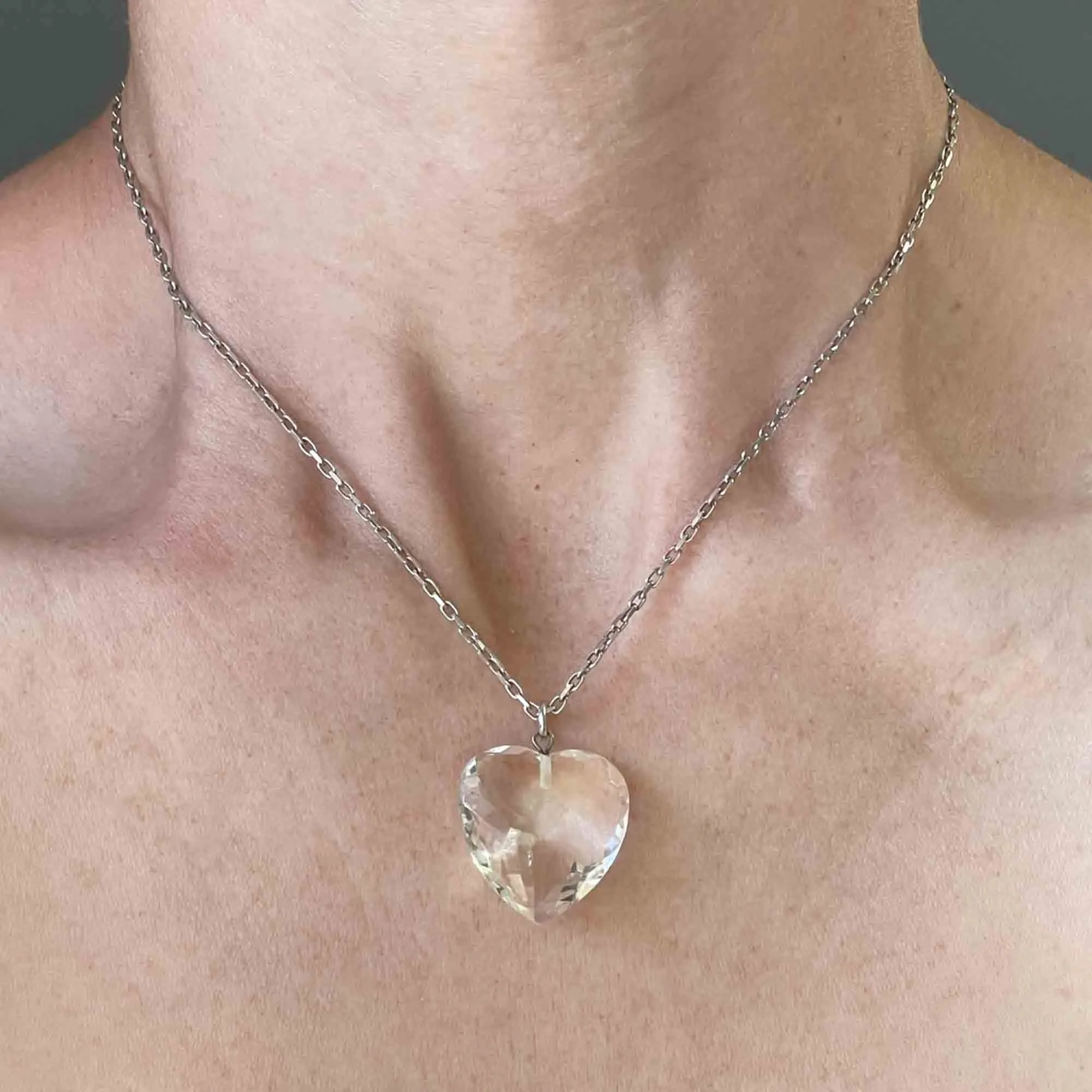 Vintage Silver Faceted Rock Crystal Heart Pendant Necklace