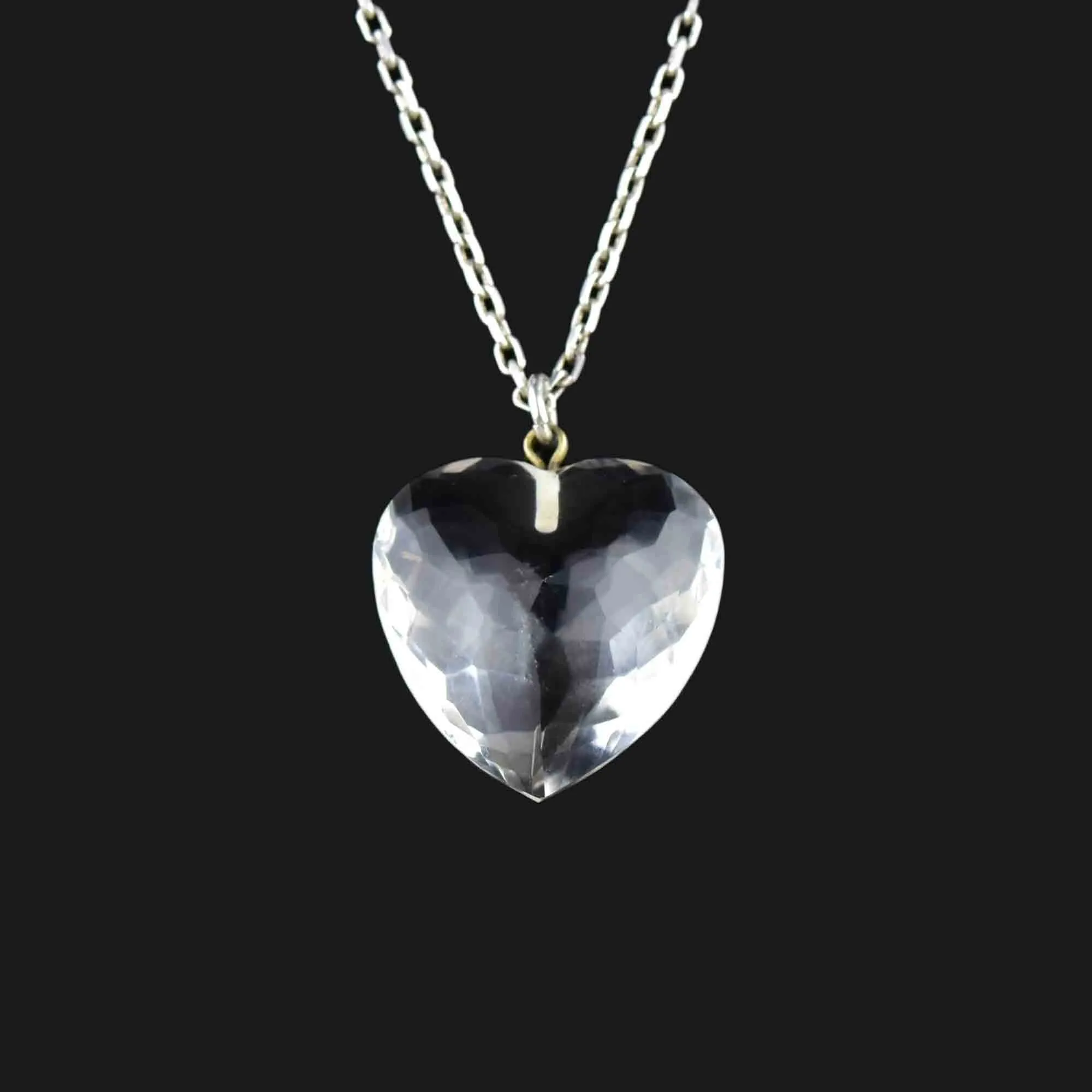 Vintage Silver Faceted Rock Crystal Heart Pendant Necklace