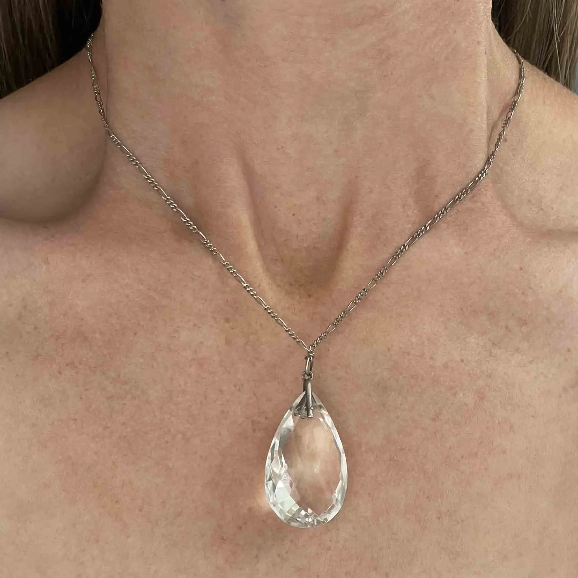 Vintage Silver Faceted Rock Crystal Teardrop Pendant Necklace
