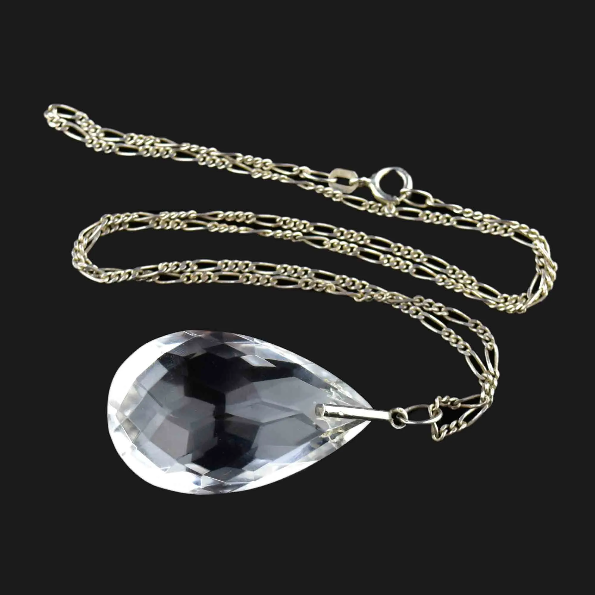 Vintage Silver Faceted Rock Crystal Teardrop Pendant Necklace