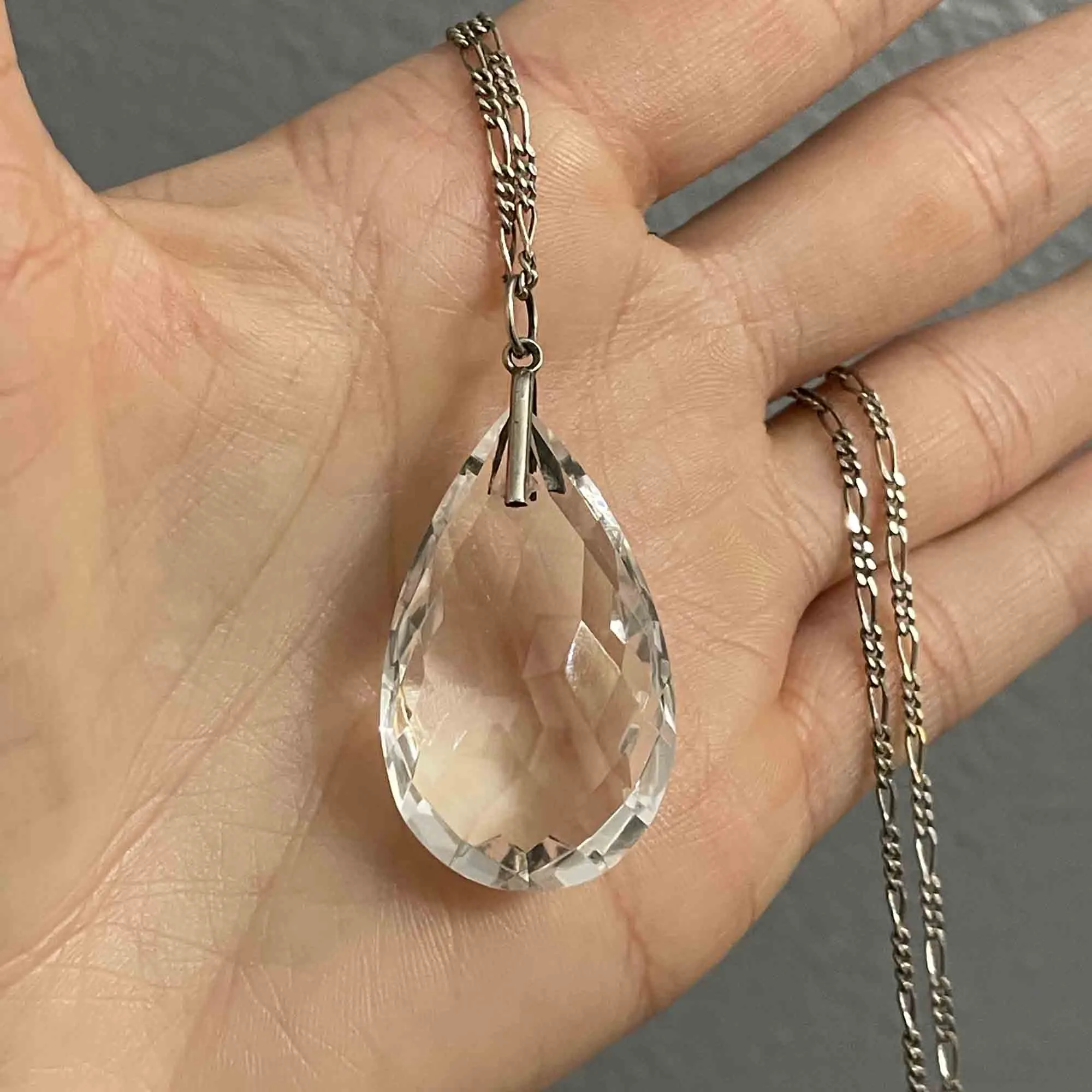Vintage Silver Faceted Rock Crystal Teardrop Pendant Necklace