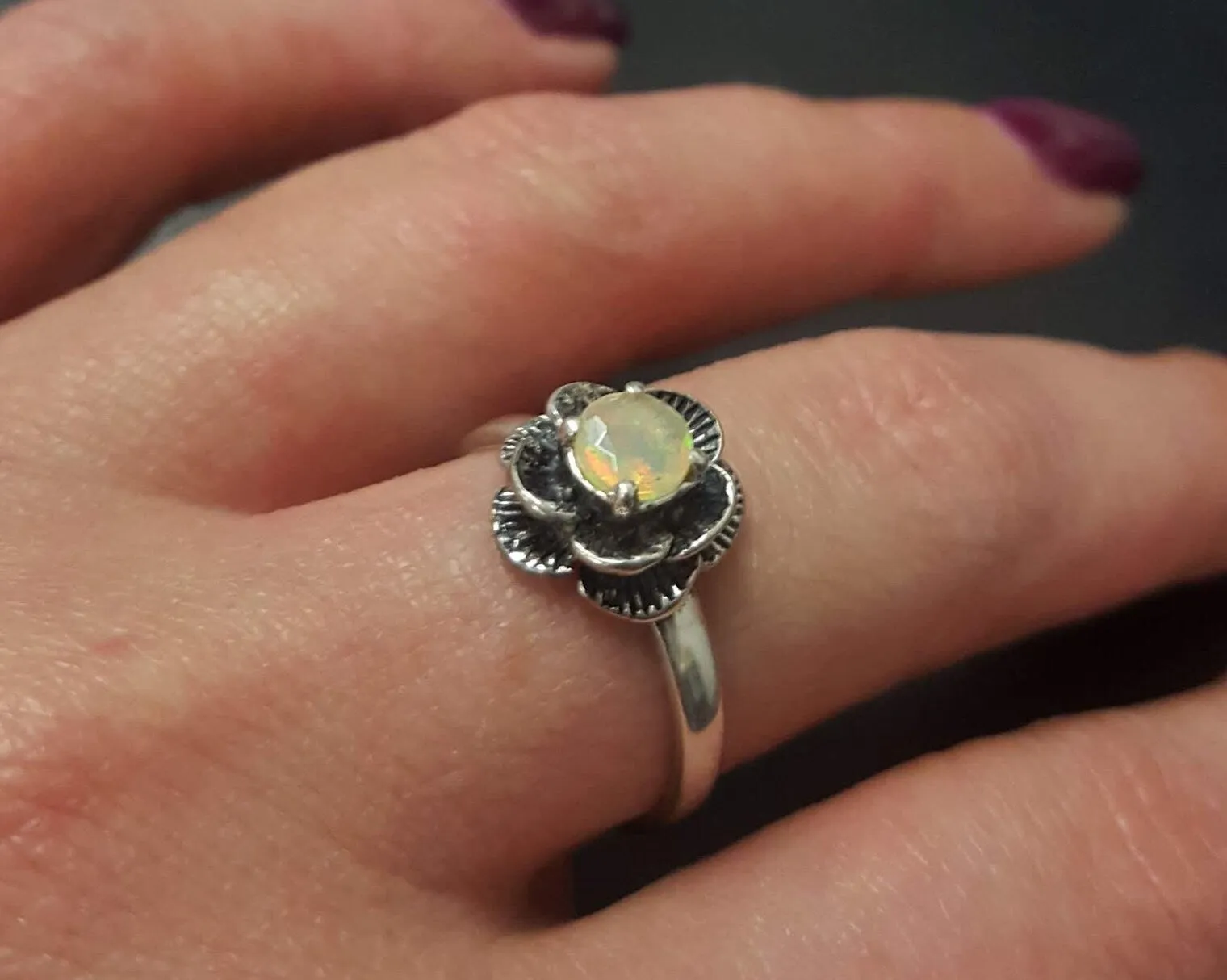 White Rose Ring - Natural Fire Opal Ring - Solitaire Flower Ring