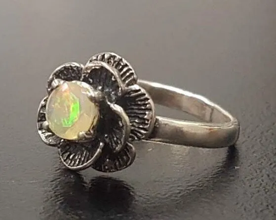 White Rose Ring - Natural Fire Opal Ring - Solitaire Flower Ring
