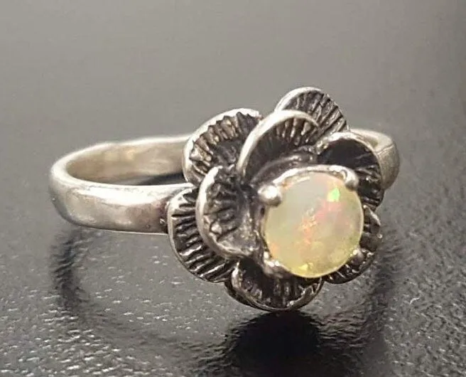 White Rose Ring - Natural Fire Opal Ring - Solitaire Flower Ring