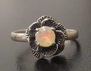 White Rose Ring - Natural Fire Opal Ring - Solitaire Flower Ring