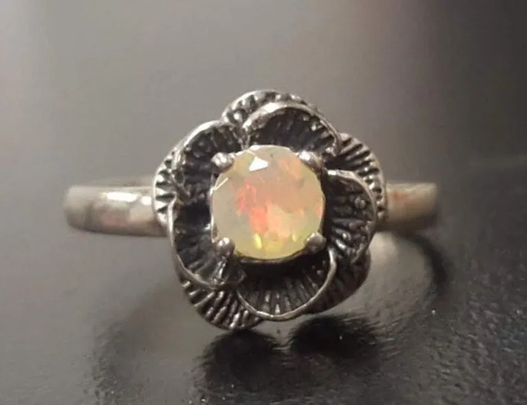 White Rose Ring - Natural Fire Opal Ring - Solitaire Flower Ring