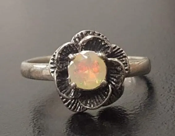 White Rose Ring - Natural Fire Opal Ring - Solitaire Flower Ring
