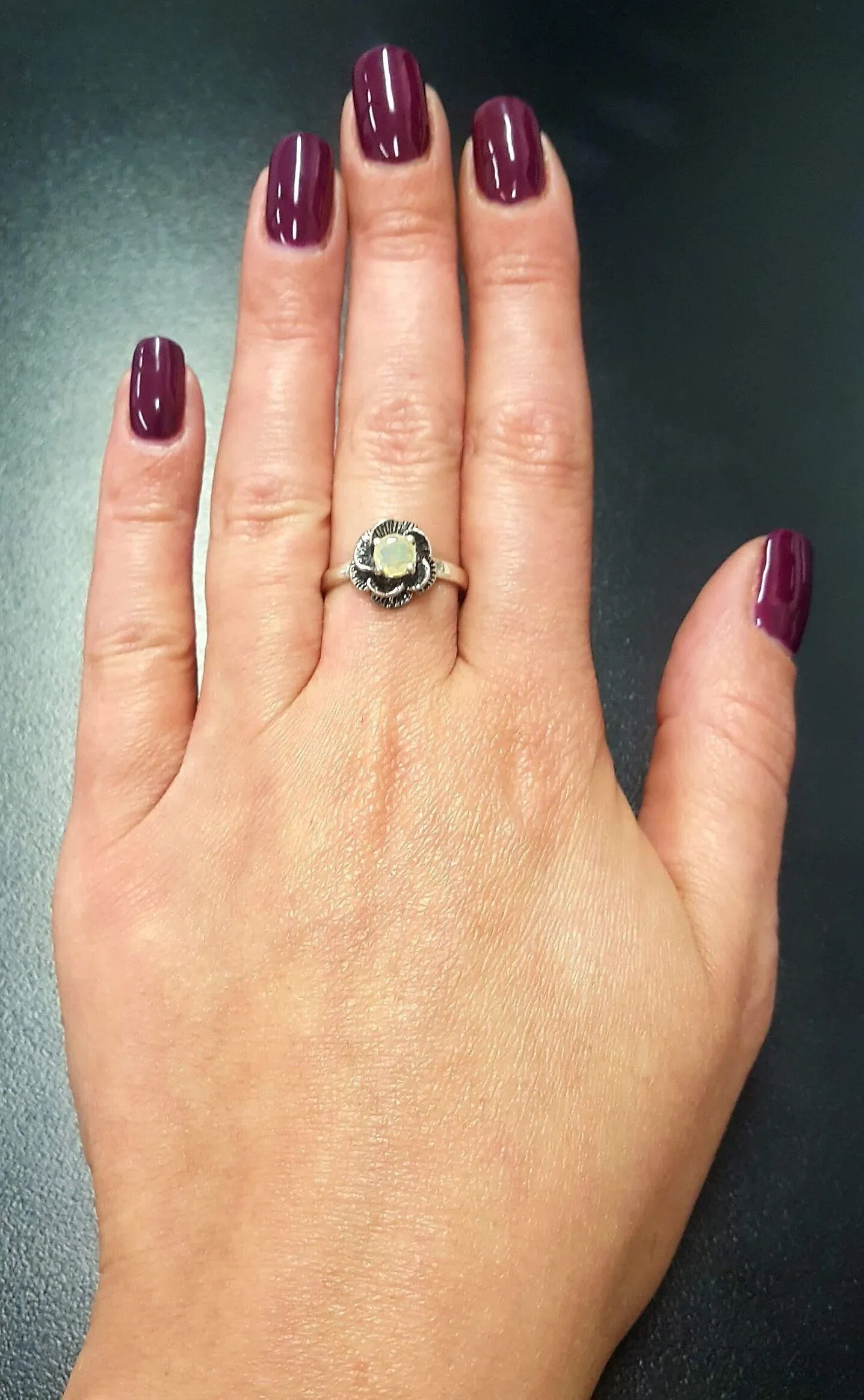 White Rose Ring - Natural Fire Opal Ring - Solitaire Flower Ring
