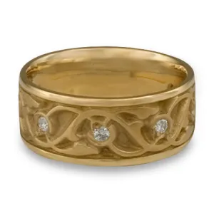 Wide Tulips and Vines Wedding Ring With Diamonds in 14K Yellow Gold