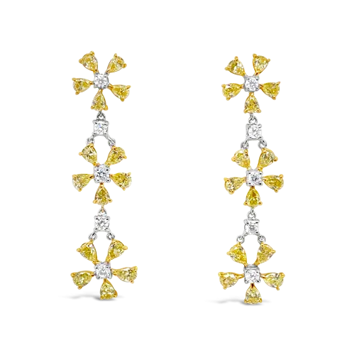 Yellow & White Diamond Dangle Flower Earrings